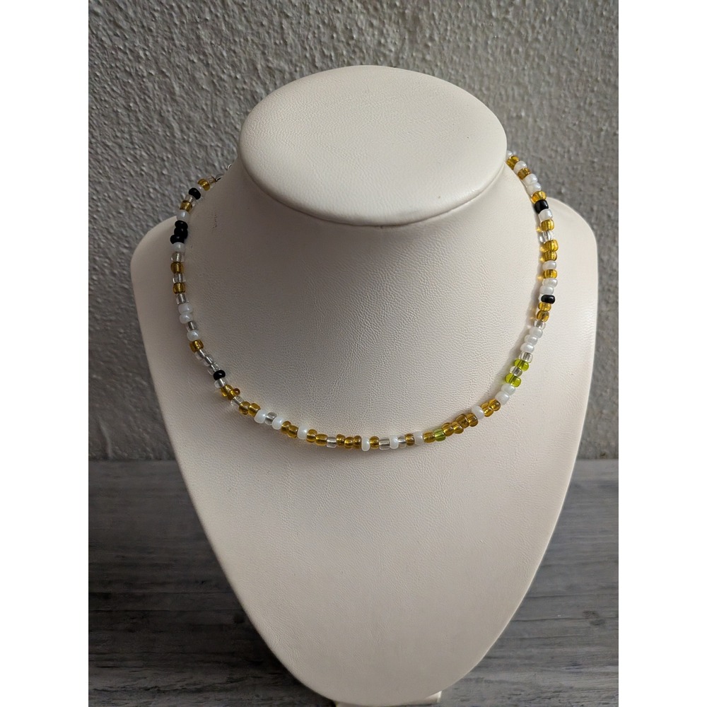 Handmade Beaded Choker Necklace Amber White Black Seed Bead Boho Y2K Jewelry